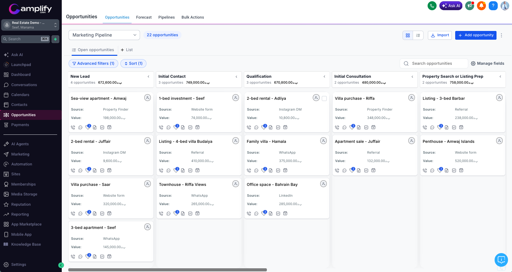 Amplify CRM opportunities board with property enquiries across six pipeline stages